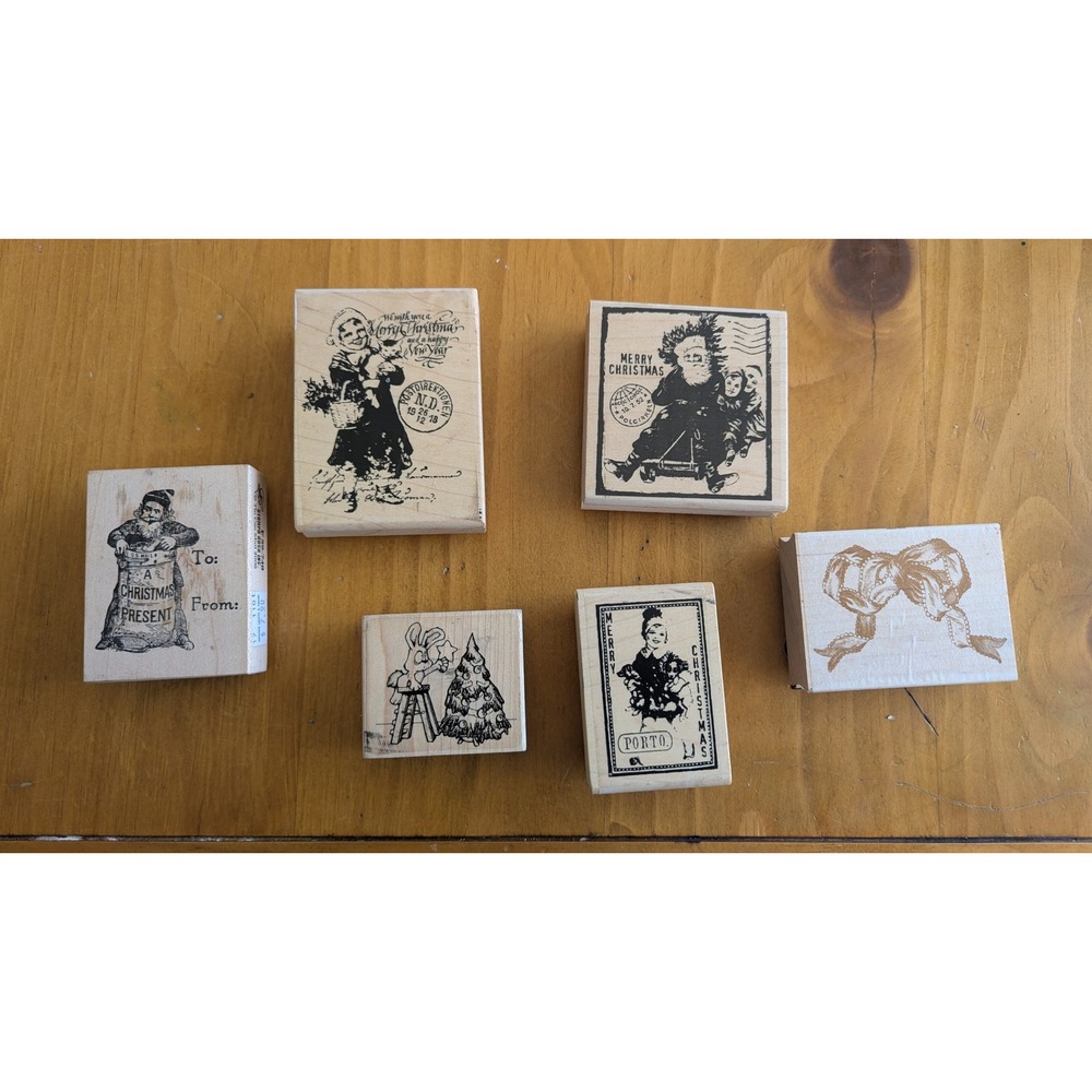 Vintage Christmas Wood Mounted Rubber Stamps Lot Santa Bow‎ Victorian 6pc